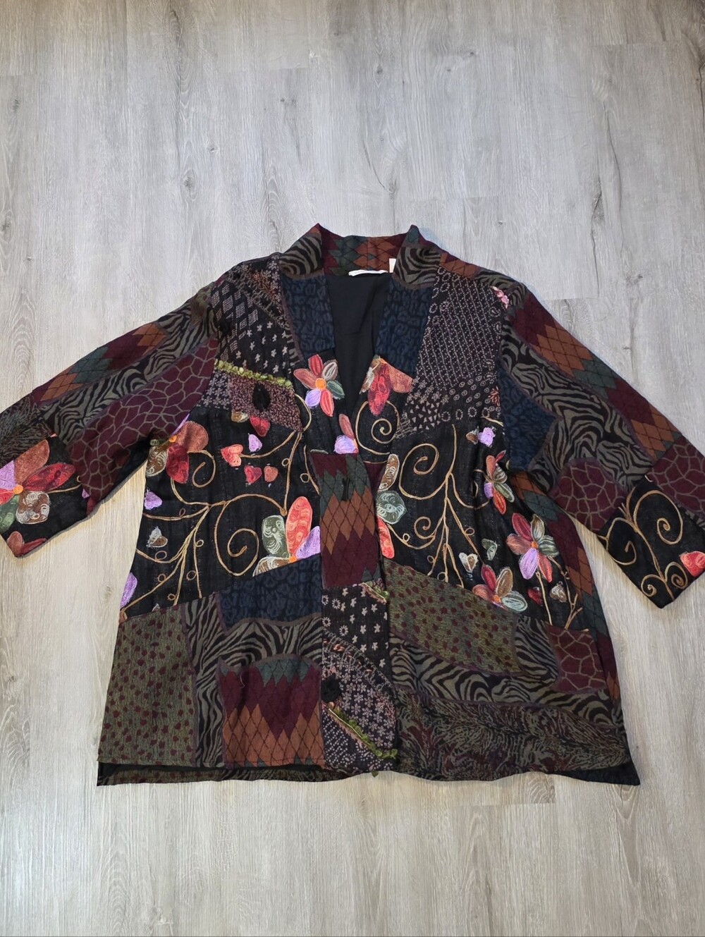 Soft Surroundings Multicolor Black Patchwork Twewd Kimono Embroidered Jacket 2XL